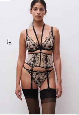 Chantelle Pulp Lush Waist Cincher Black/Soft Pink, floral lace suspender belt, pale blush lining, velvet trim, luxury lingerie at The Foundation.