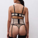 Back view Chantelle Lush Waist Cincher Black/Soft Pink, adjustable suspender belt straps, black velvet trim, blush lining.