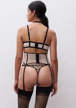 Back view Chantelle Lush Waist Cincher Black/Soft Pink, adjustable suspender belt straps, black velvet trim, blush lining.