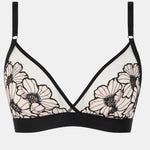 Flat lay of Chantelle Pulp Lush Wirefree Triangle Bra Black/Soft Pink, product shot, floral lace wireless triangle bralette.