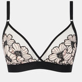 Flat lay of Chantelle Pulp Lush Wirefree Triangle Bra Black/Soft Pink, product shot, floral lace wireless triangle bralette.