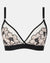 Flat lay of Chantelle Pulp Lush Wirefree Triangle Bra Black/Soft Pink, product shot, floral lace wireless triangle bralette.