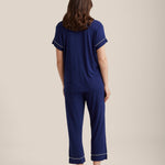 Back view of Papinelle Kate Modal Crop PJ Set in navy, highlighting relaxed fit and cropped pant length.