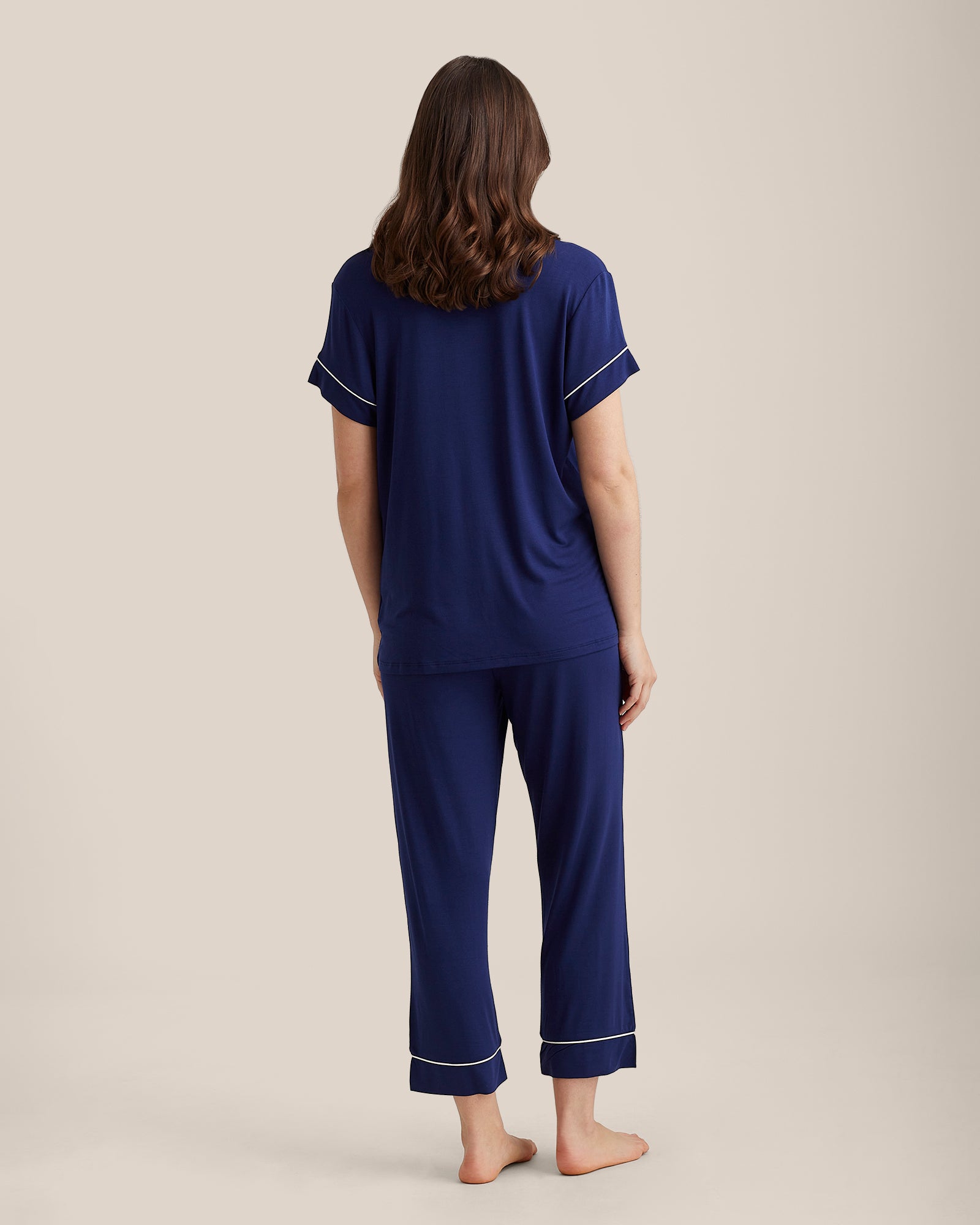 Back view of Papinelle Kate Modal Crop PJ Set in navy, highlighting relaxed fit and cropped pant length.