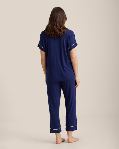 Back view of Papinelle Kate Modal Crop PJ Set in navy, highlighting relaxed fit and cropped pant length.