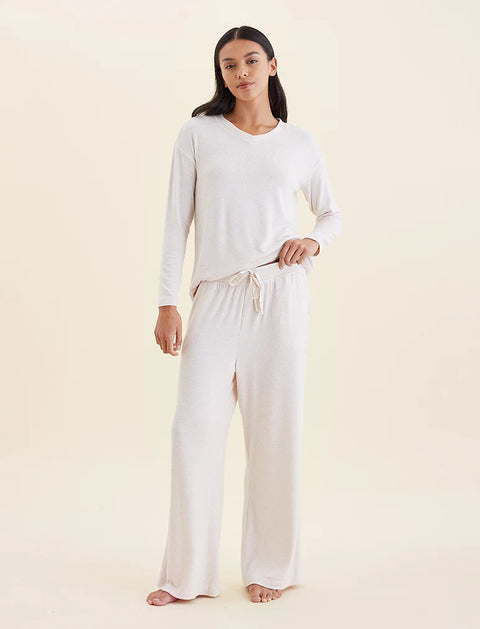 Feather Soft V-Neck LS Top and Wide Leg Pant Almond