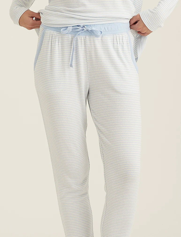 Close-up of the elastic waistband and drawcord on the Feather Soft jogger pants, showcasing brushed fabric texture.