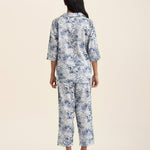 Back view of Papinelle Toile De Jouy Crop PJ Set in cotton print, highlighting relaxed fit and cropped pant length.