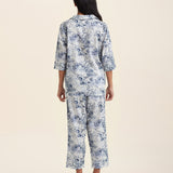 Back view of Papinelle Toile De Jouy Crop PJ Set in cotton print, highlighting relaxed fit and cropped pant length.