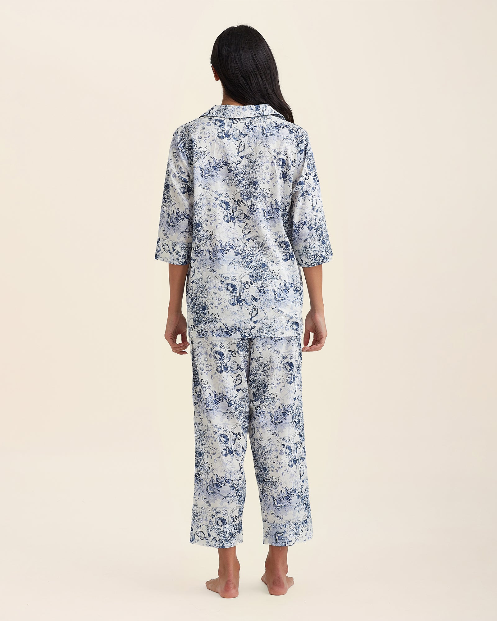 Back view of Papinelle Toile De Jouy Crop PJ Set in cotton print, highlighting relaxed fit and cropped pant length.