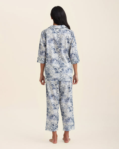 Back view of Papinelle Toile De Jouy Crop PJ Set in cotton print, highlighting relaxed fit and cropped pant length.