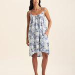 Front view of Papinelle Toile De Jouy Strappy Nightie in heritage cotton print, showing adjustable straps and A-line silhouette.

