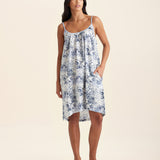 Front view of Papinelle Toile De Jouy Strappy Nightie in heritage cotton print, showing adjustable straps and A-line silhouette.

