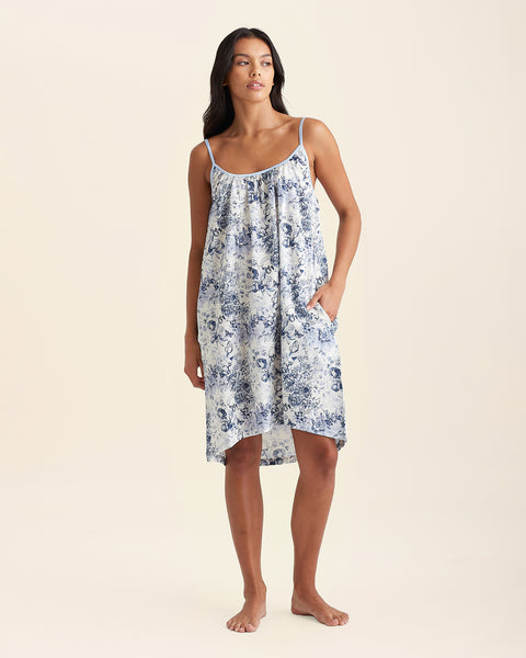 Front view of Papinelle Toile De Jouy Strappy Nightie in heritage cotton print, showing adjustable straps and A-line silhouette.

