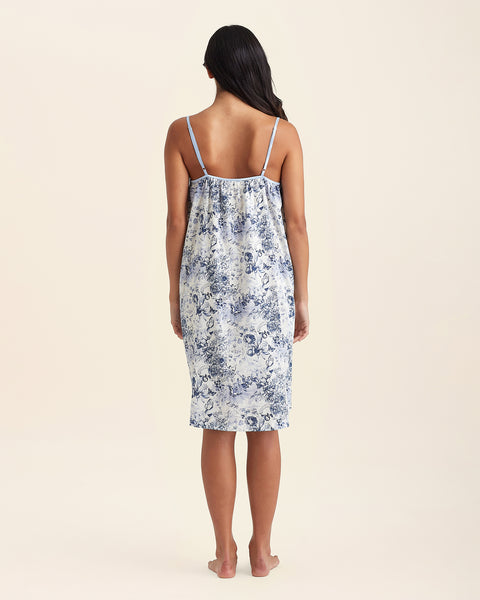Back view of Papinelle Toile De Jouy Strappy Nightie in cotton print, highlighting soft drape and flexible strap design.