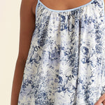 Close-up of Papinelle Toile De Jouy Strappy Nightie fabric, showcasing the hand-drawn print and delicate strap hardware.

