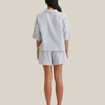 Back view of Papinelle Sabine Seersucker Stripe Boxer PJ Set emphasizing relaxed fit and soft drape of seersucker fabric.