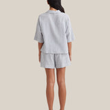 Back view of Papinelle Sabine Seersucker Stripe Boxer PJ Set emphasizing relaxed fit and soft drape of seersucker fabric.