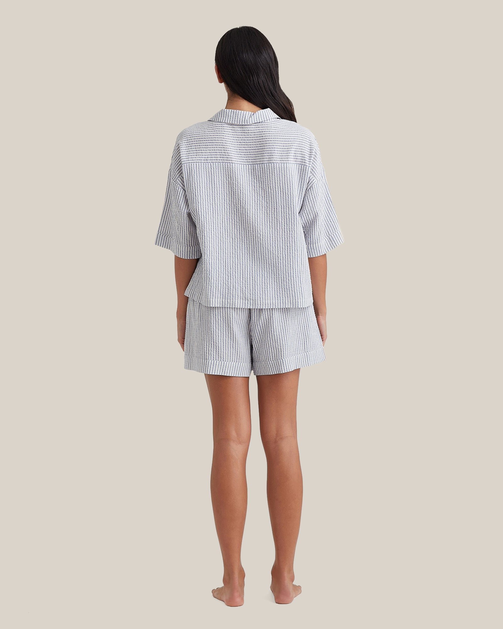Back view of Papinelle Sabine Seersucker Stripe Boxer PJ Set emphasizing relaxed fit and soft drape of seersucker fabric.