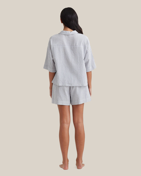 Back view of Papinelle Sabine Seersucker Stripe Boxer PJ Set emphasizing relaxed fit and soft drape of seersucker fabric.