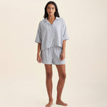 Front view of Papinelle Sabine Seersucker Stripe Boxer PJ Set showing button-down shirt with notch collar and boxer shorts with elastic waistband.