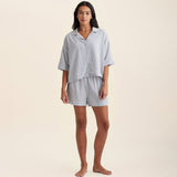 Front view of Papinelle Sabine Seersucker Stripe Boxer PJ Set showing button-down shirt with notch collar and boxer shorts with elastic waistband.