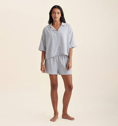 Front view of Papinelle Sabine Seersucker Stripe Boxer PJ Set showing button-down shirt with notch collar and boxer shorts with elastic waistband.