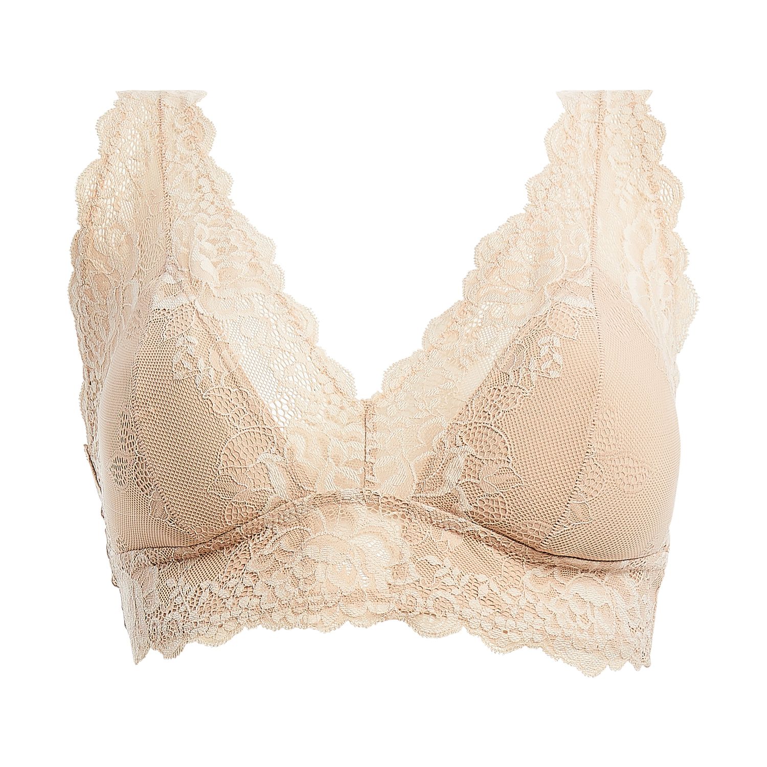 Front lay of Greta Lace Bralette in Dune, showcasing lace texture and structured cups.