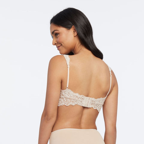 Back view of Janira bralette with wide lace back and soft wireless support.