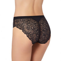 Back view of the Janira Belle Cotton Milano Brief in Black with elegant floral lace and a mid-rise cut for seamless, stylish support.
