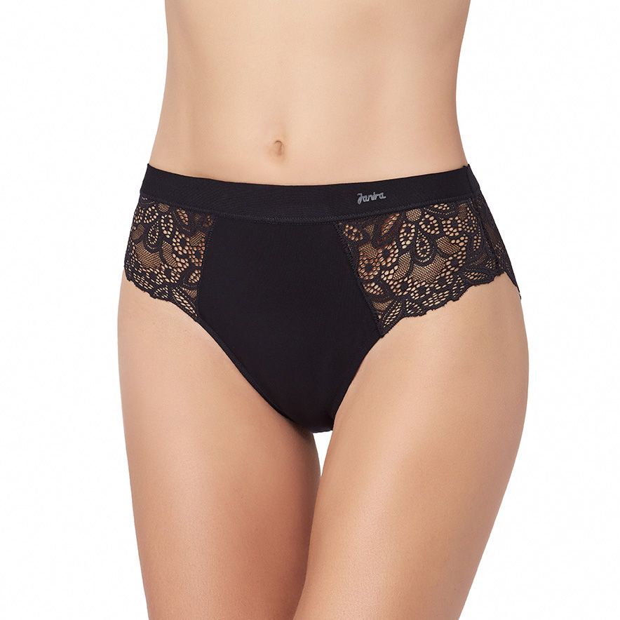 Front view of the Belle Cotton Milano Brief in Black, showcasing soft waistband, intricate lace design, and flattering mid/high cut.