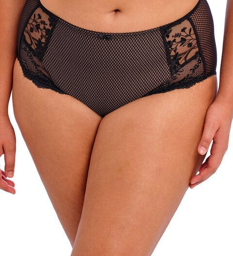Close up of the Elomi Charley Full Brief Jet Black, showing cotton-lined diamond mesh and lace side panels.