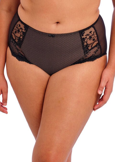 Close up of the Elomi Charley Full Brief Jet Black, showing cotton-lined diamond mesh and lace side panels.