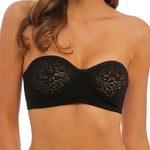 Front view of model wearing Halo Lace Strapless Bra Black, showcasing bandeau style and delicate lace texture