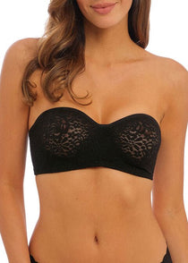 Front view of model wearing Halo Lace Strapless Bra Black, showcasing bandeau style and delicate lace texture