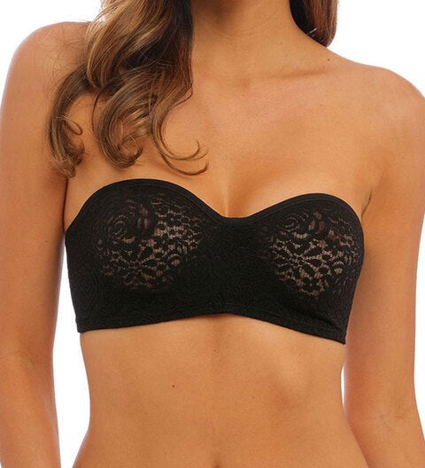 Front view of model wearing Halo Lace Strapless Bra Black, showcasing bandeau style and delicate lace texture