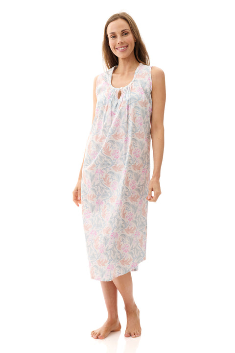Pia Cotton Sleeveless Mid Nightie Lilac/Lagoon