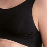 Close-up of Anita Seamless Maternity Sleep Bra Weiss Black, highlighting stretch fabric and seamless underbust band, from The Foundation.