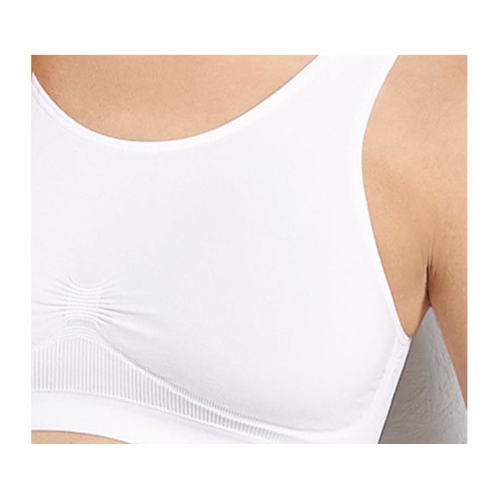 Close-up of Anita Seamless Maternity Sleep Bra White, highlighting seamless finish and gentle bust support, available at The Foundation.