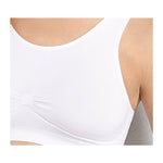 Close-up of Anita Seamless Maternity Sleep Bra White, highlighting seamless finish and gentle bust support, available at The Foundation.