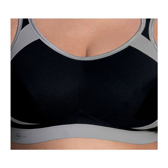 Close-up of Anita Extreme Control Sports Bra Black, highlighting high neckline and ergonomic straps, product image from The Foundation.