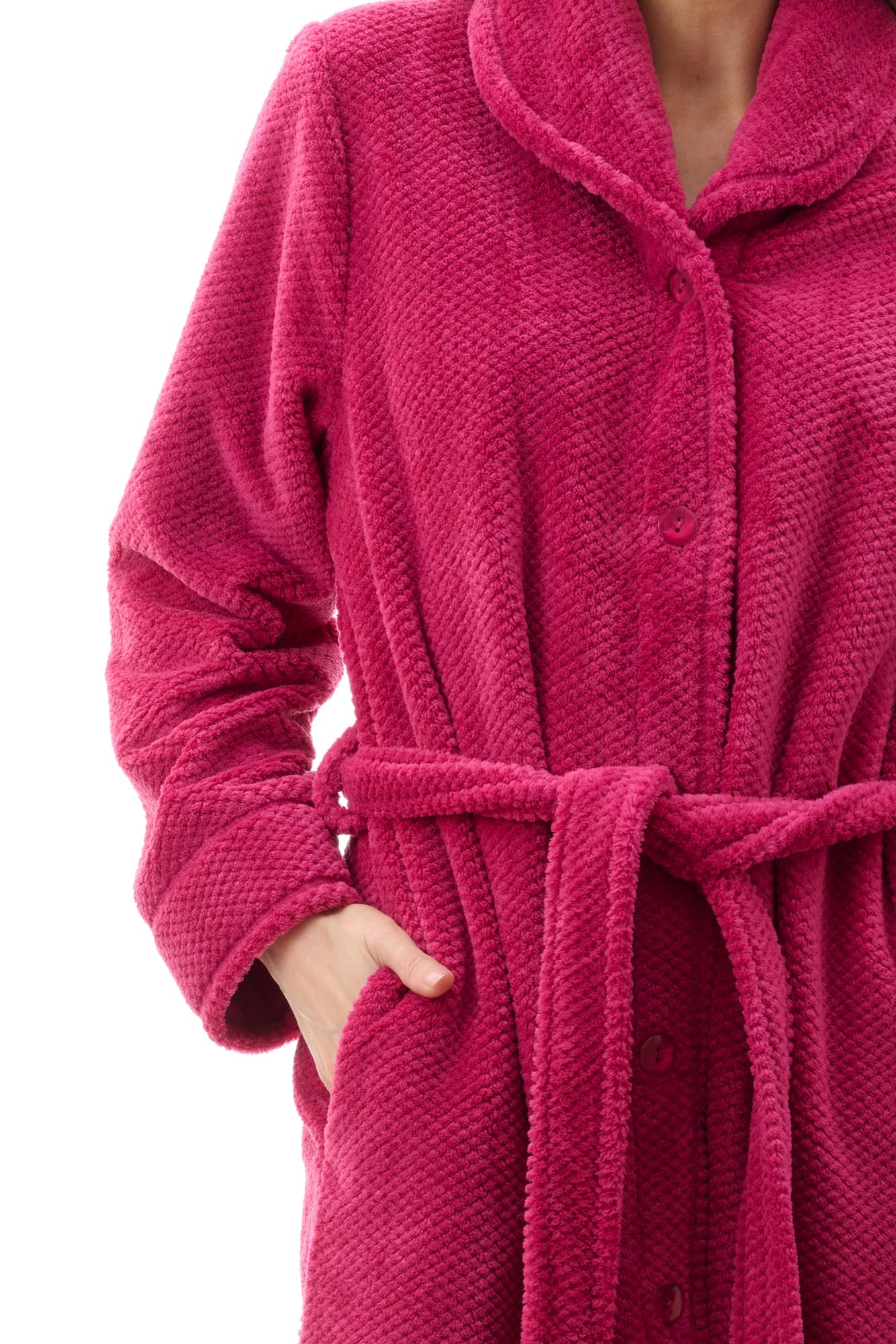 Givoni Dimple Fleece Mid Button Gown in Magenta, featuring a soft tie belt, button front, and ultra-light dimple fleece – available at The Foundation.