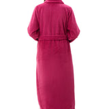 Givoni Dimple Fleece Mid Button Gown in Magenta, featuring a soft tie belt, button front, and ultra-light dimple fleece – available at The Foundation.