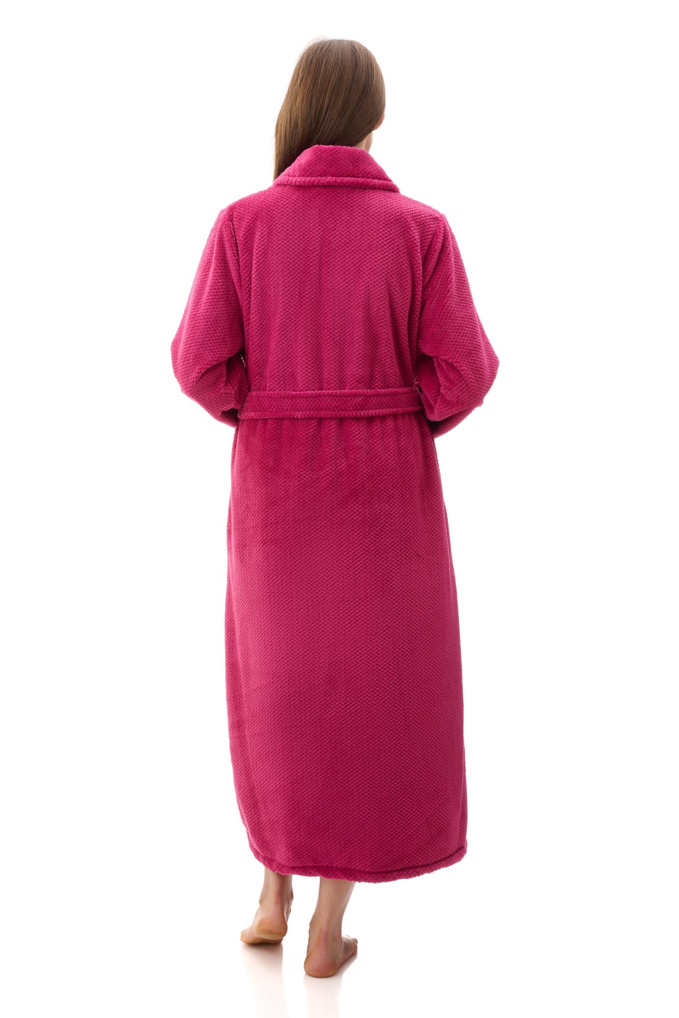 Givoni Dimple Fleece Mid Button Gown in Magenta, featuring a soft tie belt, button front, and ultra-light dimple fleece – available at The Foundation.