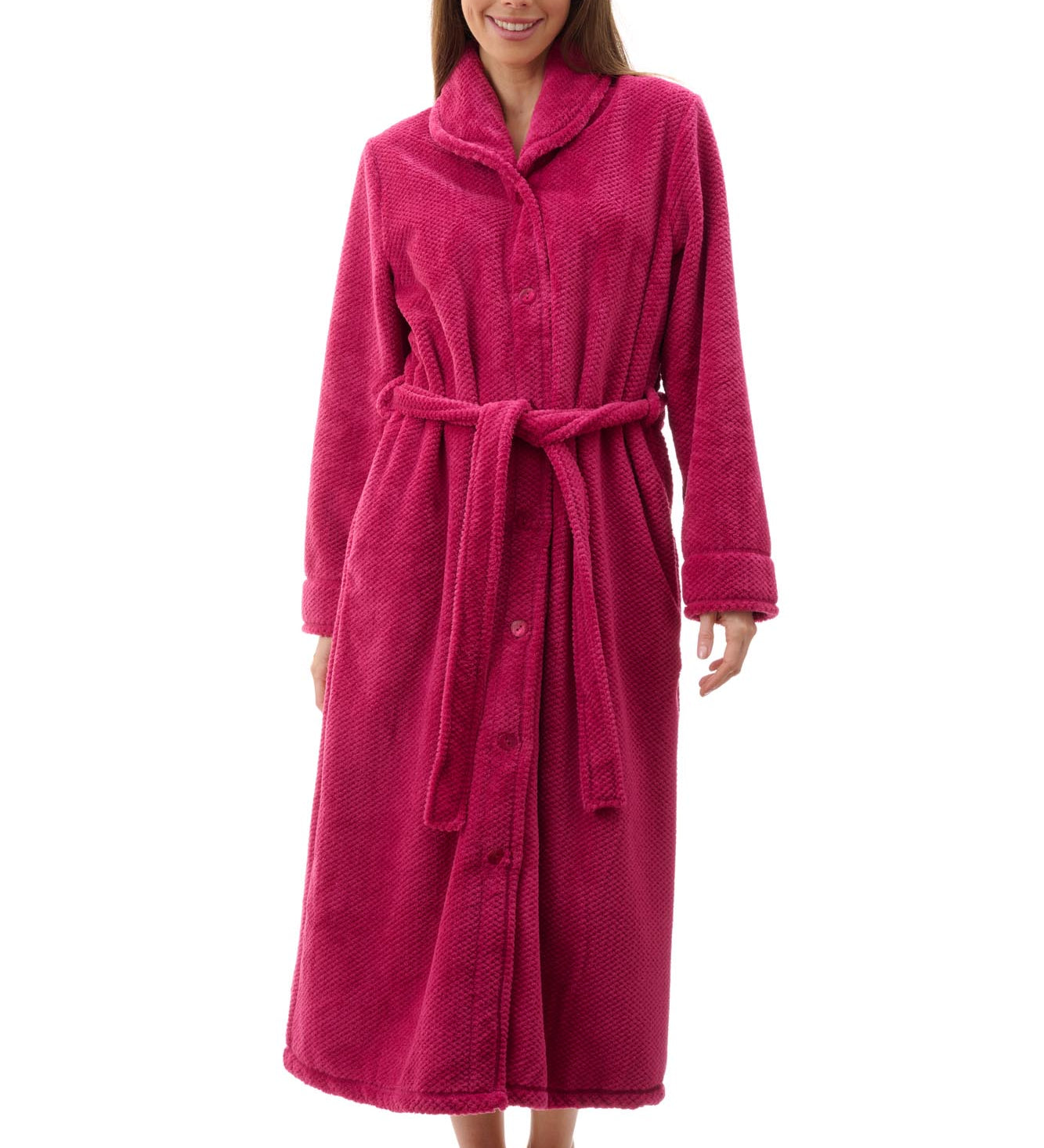 Givoni Dimple Fleece Mid Button Gown in Magenta, featuring a soft tie belt, button front, and ultra-light dimple fleece – available at The Foundation.