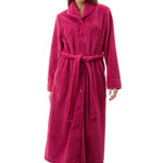 Givoni Dimple Fleece Mid Button Gown in Magenta, featuring a soft tie belt, button front, and ultra-light dimple fleece – available at The Foundation.