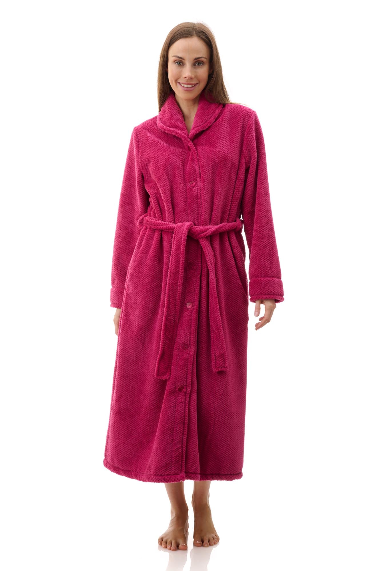 Givoni Dimple Fleece Mid Button Gown in Magenta, featuring a soft tie belt, button front, and ultra-light dimple fleece – available at The Foundation.