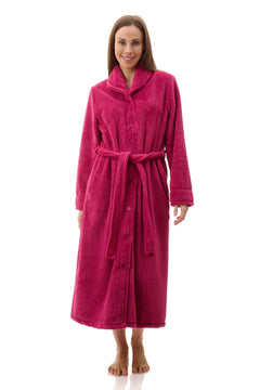 Givoni Dimple Fleece Mid Button Gown in Magenta, featuring a soft tie belt, button front, and ultra-light dimple fleece – available at The Foundation.