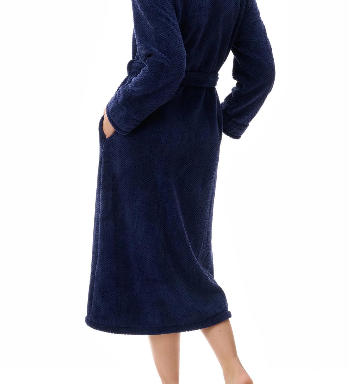 Givoni Dimple Fleece Mid Length Button Gown in Navy Blue, featuring a stand collar, tie belt, and cosy angel fleece fabric – available at The Foundation.