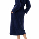 Givoni Dimple Fleece Mid Length Button Gown in Navy Blue, featuring a stand collar, tie belt, and cosy angel fleece fabric – available at The Foundation.